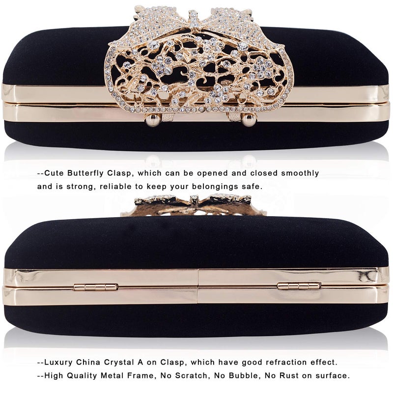 DEXMAY DM Dexmay Unique Velvet Clutch with Rhinestone Crystal Butterfly Clasp Women Evening Bag for Formal Party Black - Image 4